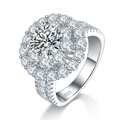 S925 Sterling Silver 2ct Moissanite Ring, 8mm D-VVS1 Double Halo Pave Band, Platinum Plated US Sizes 5-9 GRA Certified Gift Box