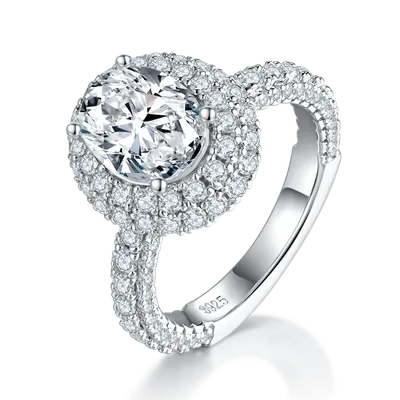 S925 Sterling Silver 2ct Oval Moissanite Ring, 7x9mm D-VVS1 Double Halo, Platinum Plated 5.3g US Sizes 5-9, GRA Certificate Gift Box