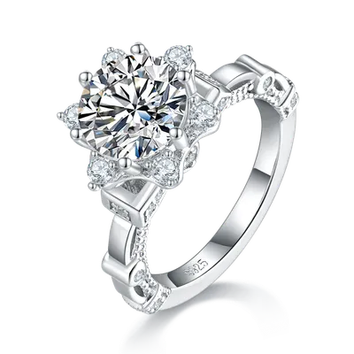 S925 Sterling Silver 2ct Moissanite Ring, 8mm D-VVS1 Star Halo Split Shank, Platinum Plated US Sizes 5-9, GRA Certificate Gift Box