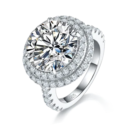 S925 Sterling Silver 8ct Moissanite Ring, 13mm D-VVS1 Double Halo Pave Band, Platinum Plated US Sizes 5-9 GRA Gift Box