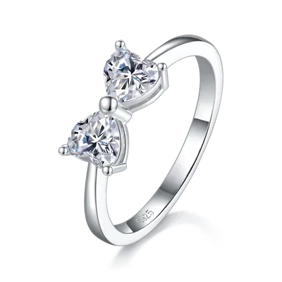 Heart Bow Tie Moissanite Promise Ring, 1 Carat D Color VVS1 Two-Stone S925 Silver Platinum Plated Ring With GRA Certificate, US Size 5-9.