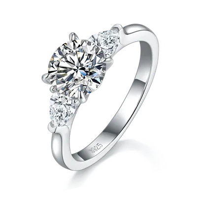 2 Carat Round Moissanite Engagement Ring, 3-Stone S925 Silver Platinum Plated, D Color VVS1 With GRA Certificate, US Size 5-9.