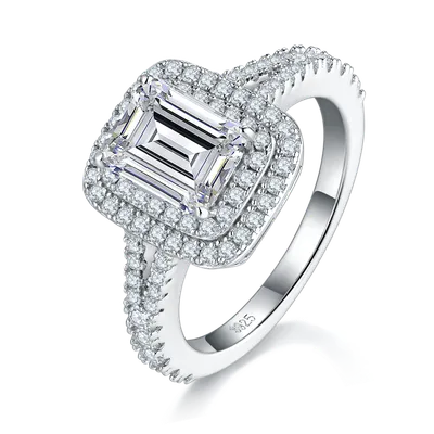 3 Carat Emerald Cut Moissanite Engagement Ring, Double Halo Split Shank S925 Silver Platinum Plated D Color VVS1 With GRA, US 5-9.