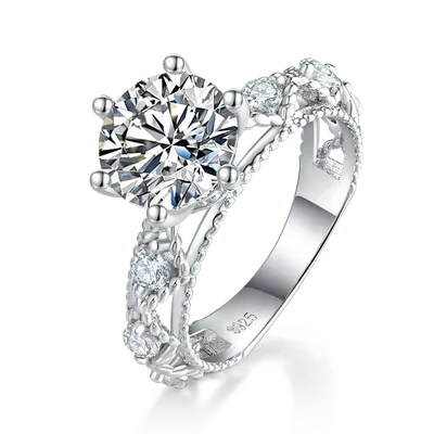 6-Prong 2 Carat Round Moissanite Engagement Ring, Split Shank S925 Silver Platinum Plated D Color VVS1 With GRA Certificate, US 5-9.