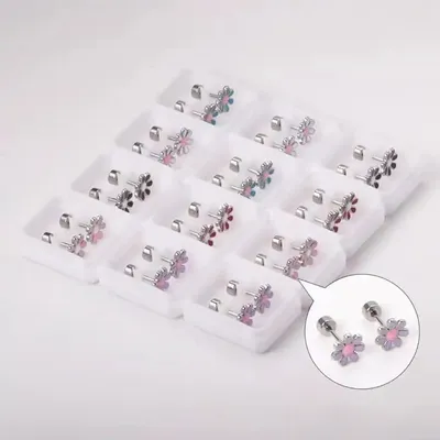 European And American-style Stainless Steel Oil-dripping Seven-petal Flower Stud Earrings