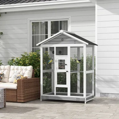 64.5" Wooden Bird Cage Aviary, Flight Cage with 4 Perches, Nest and Slide-Out Tray for Indoor/Outdoor, Gray
