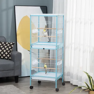55" 2 In 1 Bird Cage Aviary Parakeet House for finches, budgies with Wheels, Light Blue