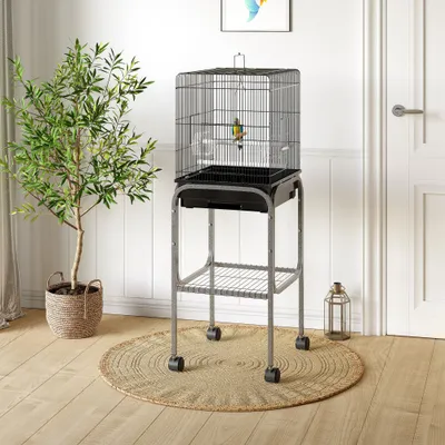 45-inch Metal Indoor Bird Cage, Parrot Cage, Bird Aviary with Detachable Rolling Stand, Storage Basket, and Accessories - Black
