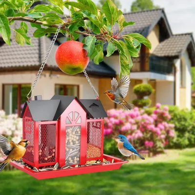 1Pc  Metal Hanging Bird Feeder House Classic Barn Bird Feeder House Iron Hanging Outdoor Feeder With Visible Window And Lift Top Lid 15.75in Hanging Length Wild Birds Garden Yard