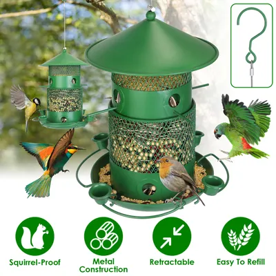 1Pc Wild Bird Feeder Squirrel-Proof Chew-Proof Metal Bird Seed Feeder Outdoor Hanging Bird Feeder With 360 Degree Circular Perches Water Cups For Yard Garden Patio Spring Summer