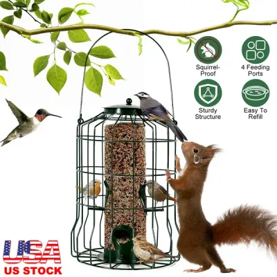 Outdoor Wild Bird Feeder Squirrel-Proof Chew-Proof Metal Hanging Seed Feeder With 4 Feeding Ports For Small Songbirds