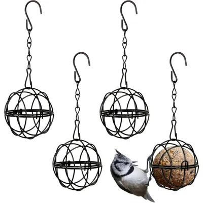 Set Of 4 Titmouse Suet Holder Bird Feeder Station For Hanging, Metal Bird Feeder With S-Shaped Hooks, Feeder For Wild Birds, Garden, Diameter 7 Cm, Black