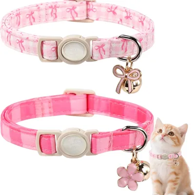 2 Pack Pink Cat Collars  Spring Summer Breakaway Cat Collar With Bell, Bow And Flower Pendant, Adjustable Kitten Collars For Girl Cats, Cute Pink Plaid Bow
