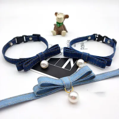 Adjust Denim Color Cat And Dog Collar Pearl Bell