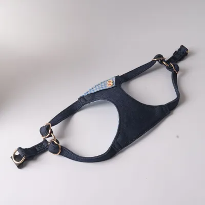 Dark Blue Denim Patchwork Plaid Pet Harness Set