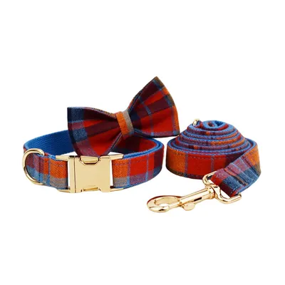 Blue Background Velvet Plaid Dog Collar Hand Holding Rope Pet Collar Bandana