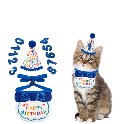 Cat Birthday Party Supplies, Blue Cat Kitten Birthday Bandana With Number Hat, Cat Birthday Decorations Banner Boy, Pet Birthday Outfits For Cats Kitten Apparel Decorations