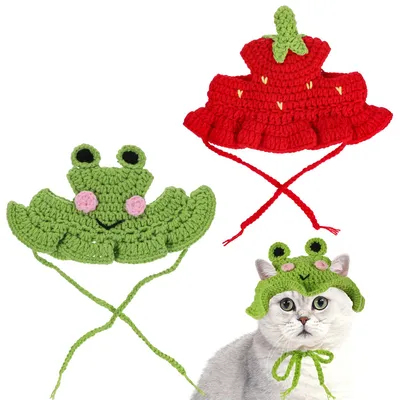 2Pcs Crochet Cat Hats Knit Cat Hat Strawberry And Frog Hat Cute Knit Cat, Soft, With Adjustable Cord, Handmade Crochet Cats Clothes, For Puppy Kitten, Christmas Party Costume Accessory