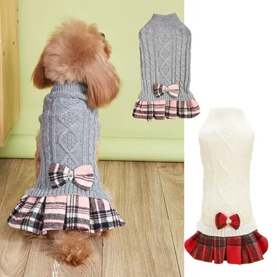 New Pet Clothes White And Gray Knitted Sweater With Bow, Plaid Wool Skirt