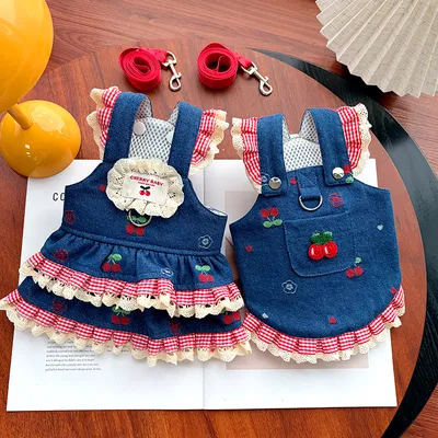 Denim Cherry-patterned Dog Skirt With Suspenders For Couples