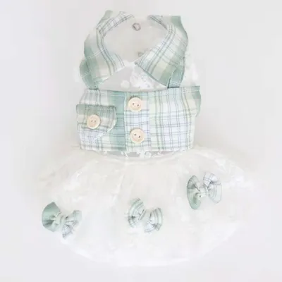 Dog Clothes Mint Green Small Plaid Fake Two-piece Dress