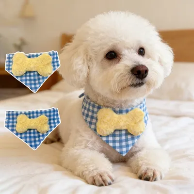 Pet Plaid Plush Bone Bow Saliva Towel