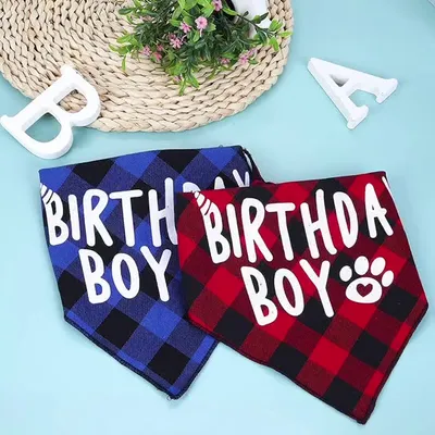 Dog Birthday Plaid Triangle Scarf Pet Saliva Towel Square