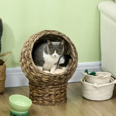 Handwoven Elevated Cat Bed with Soft Cushion & Egg Chair Shape, Basket Bed Kitty House with Stand, Raised Wicker House for Indoor Cats, 20" H, Gray