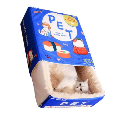 Snack Box Cat Bed Cartoon Rectangular Fully Enclosed Four Season Universal Multifunctional Soft Pet Bed For Home Travel Blue