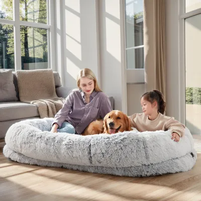 Human Dog Bed - 63 In X 31.4 In X 9.5 In Washable Faux Fur Lounger For Adults & Pets, Cushion With Orthopedic Support, Includes Pillow & Blanket