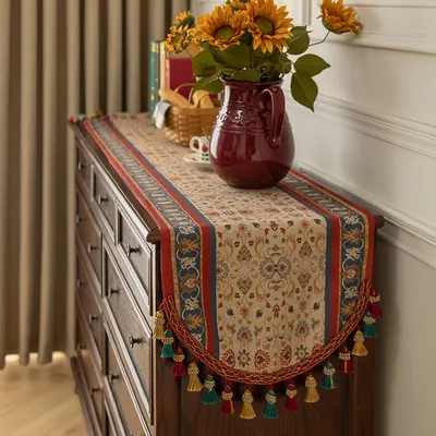 Vintage Table Runner Tea Flag Cloth Fringe American Long Tablecloth