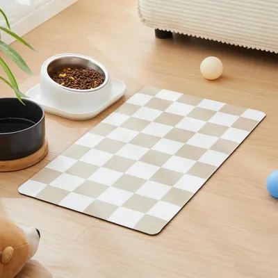 Dog Feeding Mat, Absorbent Mats For Dog Food And Water Bowl, Dispenser, Retro Aesthetic Khaki Beige Checkerboard Pet Placemat For Dogs, Cats, Puppy