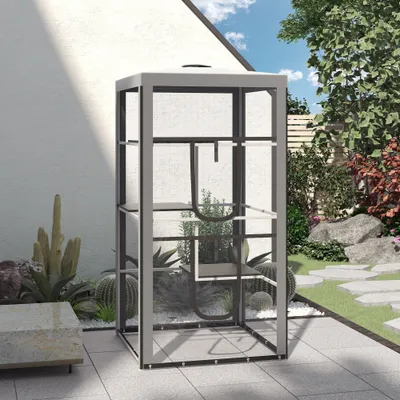 79"H Cat House Kitten Enclosure Mesh Playpen Steel Frame with 3 Platforms, 2 Doors and 4 Sandbags for Stability, Indoor/Outdoor