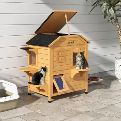 2-story Cat House Outdoor, Weatherproof Wooden Cat Enclosure for Feral Cats with Escape Door, Openable Roof, Jumping Platforms, Natural