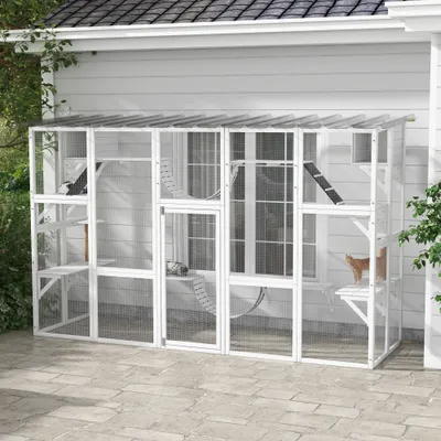 118" Large Outdoor Catio Cat Enclosure with Condos, Bridges & Posts, White