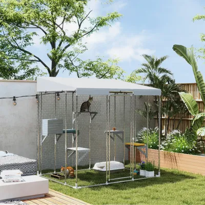 79" Galvanized Steel Large Catio with Waterproof Canopy, Sleeping Box, Jumping Platforms, for 1-3 Kittens, Silver