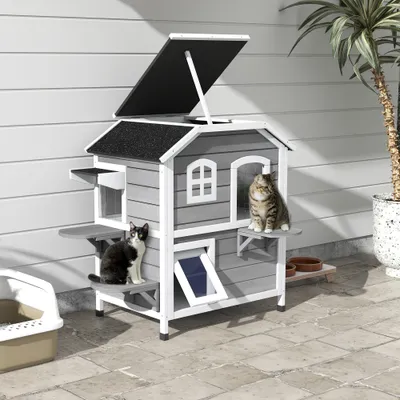 2-story Cat House Outdoor, Weatherproof Wooden Cat Enclosure for Feral Cats with Escape Door, Openable Roof, Jumping Platforms, Gray