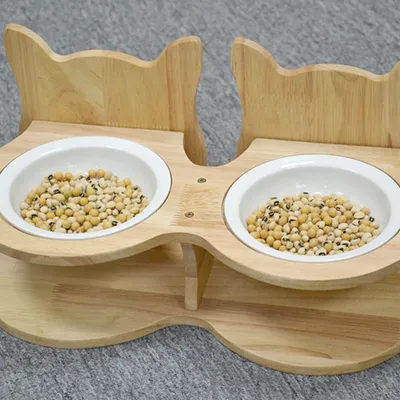 Bamboo And Wood Pet Cat Food Stand With Ceramic Bowl Tray