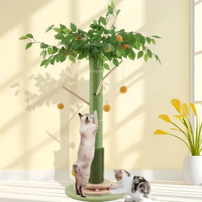 Cat Scratching Post,  Tall Cat Scratcher Tree For Indoor Cats Adults With Natural Sisal Rope, Large Scratching Posts With Rubber Brush, 3-Layer Solid Wood Base And Balls Track Toy