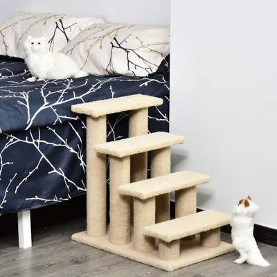 25" 4-Step Multi-Level Carpeted Cat Scratching Post Pet Stairs, Cream White