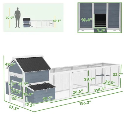 156Extra Large Wooden Chicken Coop With 2 Nesting Box, Run Cage, Waterproof Wave Roof, For 10-15 Chickens, Light GrayMultiple Packages