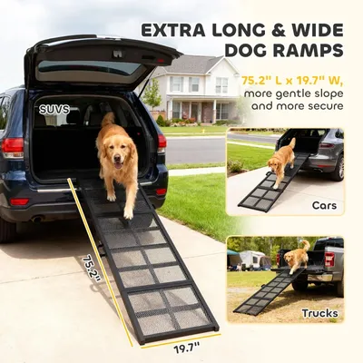 PawHut Dog Car Ramp,  Extra Long And Wide, Non-Slip Surface, Folding Portable Pet Ramp For Large, Small & Senior Dogs