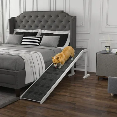 PawHut Dog Ramp Foldable With Non-slip Carpet Top Platform, Gray, White