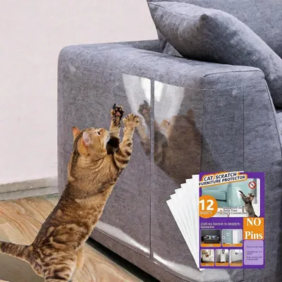 Anti Cat Scratch Protector 12 Pack, 6 Sheets Of 279 358mm And 6 Sheets Of 140 358mm, Single Side Couch Protector, Self Adhesive Cat Tape, Clear Scratch Deterrent For Furniture & Doors, 12P, No Pins