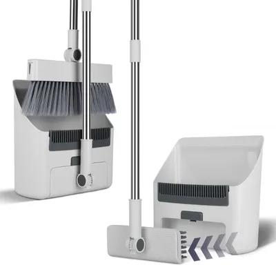 1Set Broom And Dustpan Combo Set With Squeegee Stainless Steel Handle 4 In 1 Upright Standing Broom And Dust Pan For Indoor Outdoor Garage Kitchen Room Office Sweeping