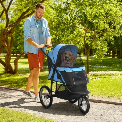 3 Wheels Pet Stroller for Small Dogs and Medium Dogs with Adjustable Canopy, Safety Tether, Storage Basket, Blue