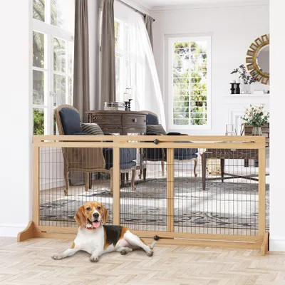 71" W x 27" H Extra Wide Freestanding Pet Gate with Adjustable Length Dog, Cat, Barrier for House, Doorway, Hallway, Natural