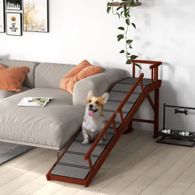  Wooden Dog Ramp with Removable Guardrails, Non-Slip Surface, 73" Long, Brown