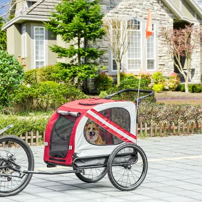 2-in-1 Pet Bike Trailer for Small Medium Dogs, Road-Visibility Dog Stroller Bicycle Carrier, Weather-Strong Bike Wagon Trailer Sidecar Attachment, Red