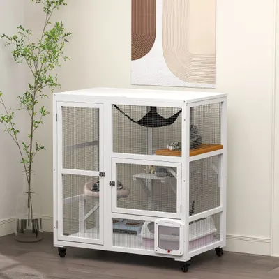 Cat House, Indoor Cat Enclosure on Wheels with Openable Top, 39", White